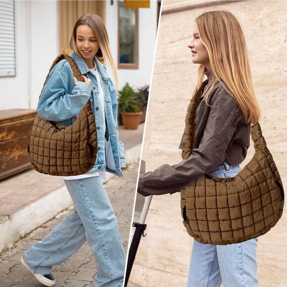 Women's Brown Lightweight Cotton Puffy Quilted Hobo Bag Retro Soft Shoulder Bag - Picture 6 of 7